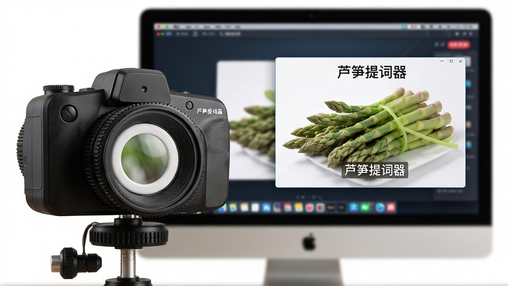 主体:芦笋提词器悬浮窗在直播场景中的使用效果图,布局:前景为直播摄像头,背景为电脑屏幕显示悬浮提词窗,排版:摄像头在画面左侧,悬浮窗在右侧屏幕中,风格:写实风格,细节:悬浮窗上显示