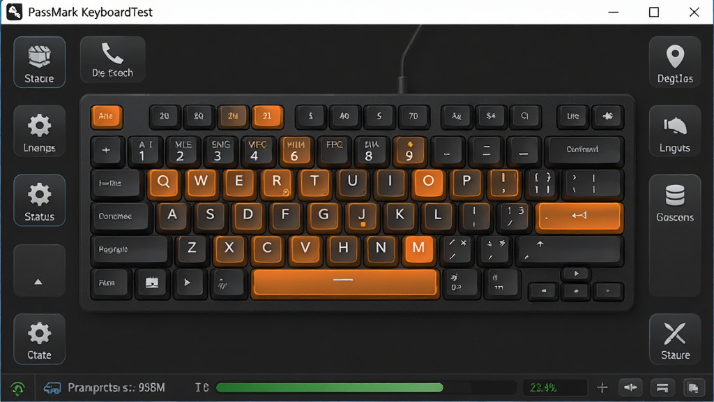 主体:PassMark KeyboardTest软件界面特写,键盘图中多个按键同时高亮。布局:键盘图居中,四周环绕功能按钮和状态栏。排版:图标化布局,功能分区明确。风格:专业工具风格,深色背景搭配高亮色彩。细节:高亮按键显示为橙色,状态栏显示检测进度,背景为深灰色。画质:高清渲染,细节丰富,干净,无多余元素。