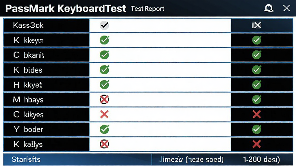 主体:PassMark KeyboardTest的测试报告页面,包含所有按键列表及状态图标。布局:报告以表格形式呈现,左侧为按键名称,右侧为测试状态。排版:条理清晰,数据规整。风格:商务简约,白底黑字,蓝色线条。细节:每个按键旁有绿色对勾或红色叉号,底部有统计栏。画质:高分辨率,文字锐利,干净,无多余元素。
