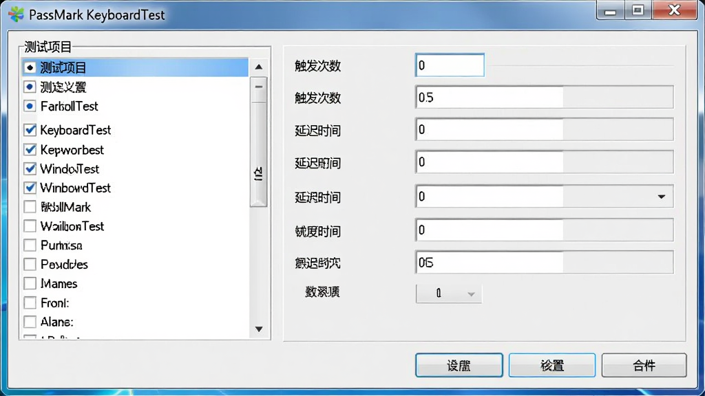 主体:PassMark KeyboardTest的自定义设置对话框。布局:左侧为测试项列表,右侧为参数配置区。排版:表单样式,选项丰富。风格:标准Windows窗口风格,浅色背景。细节:包含“触发次数”、“延迟时间”等输入框,按钮风格统一。画质:高清,界面干净,无多余元素。