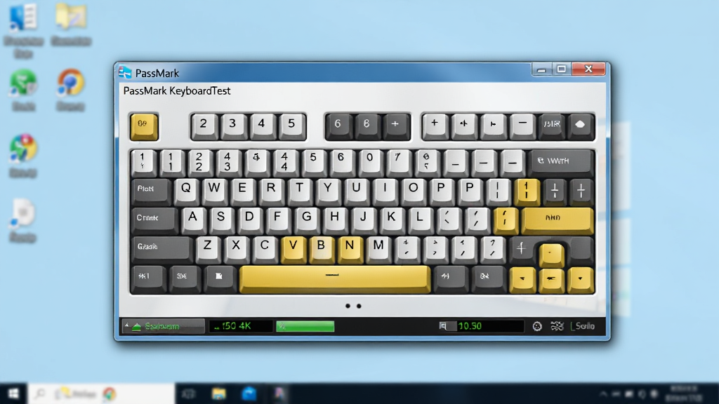 主体:PassMark KeyboardTest软件运行在Windows桌面上的整体预览。布局:桌面背景为淡蓝色,软件窗口居中,周围有少量图标。排版:窗口内键盘图清晰可见,状态栏在底部。风格:写实风格,光影自然。细节:窗口阴影柔和,键盘高亮键为黄色,桌面图标模糊处理。画质:4K高清,干净,无多余元素。