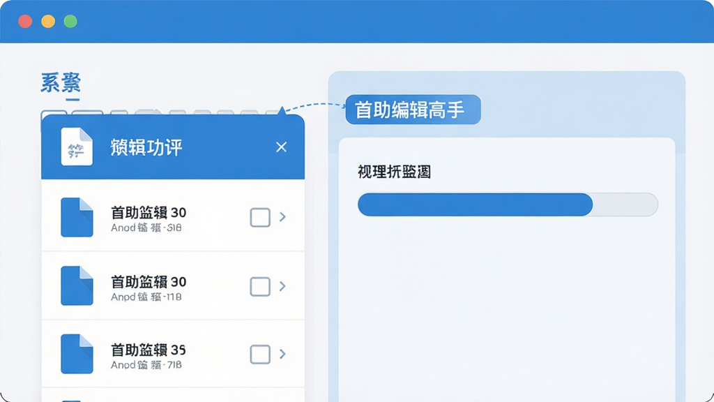 首助编辑高手批量处理功能示意图,展示多文件列表与处理进度条,扁平化设计,蓝色主色调,界面整洁,画质干净,无多余元素