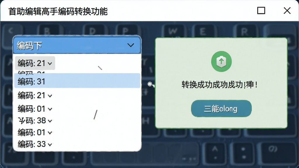 首助编辑高手编码转换功能界面,展示编码下拉菜单与转换成功提示,色彩明亮,布局合理,细节清晰,画质干净,无多余元素