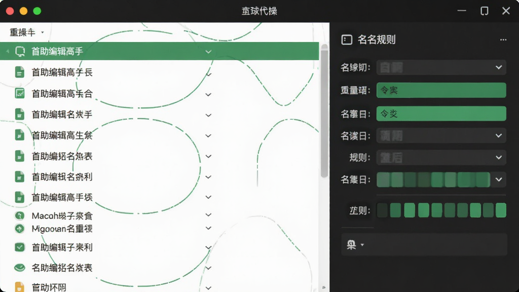 首助编辑高手批量重命名操作界面,展示文件名列表与命名规则设置,清爽风格,绿色点缀,界面友好,画质干净,无多余元素