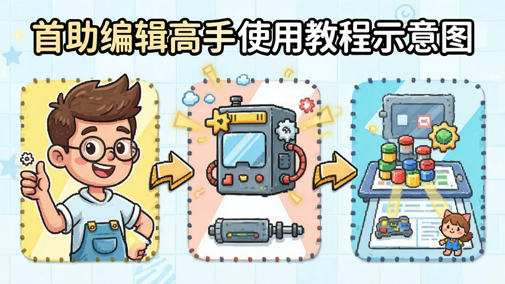 首助编辑高手使用教程示意图,展示分步骤操作流程,卡通风格,箭头指示,色彩鲜明,细节丰富,画质干净,无多余元素