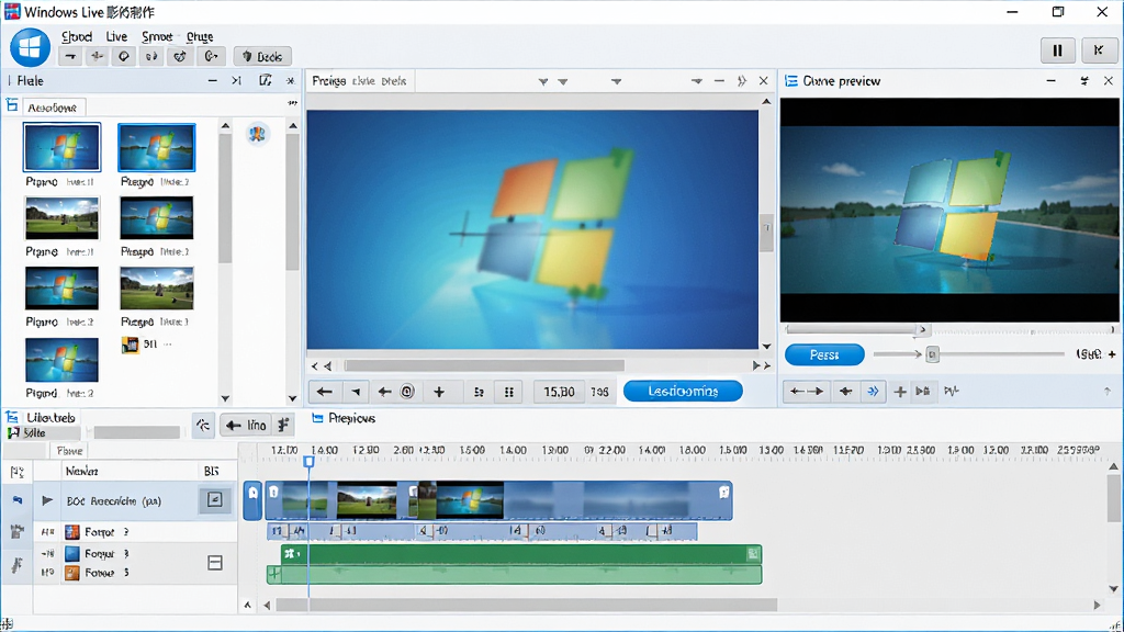 主体:Windows Live 影音制作的软件主界面,展示时间线轨道和预览窗口,布局:左侧素材库,中间预览区,底部视频轨道,排版:清晰功能分区,风格:现代简洁的UI设计,细节:界面带有蓝色调高亮按钮,画质:高清渲染,干净,无多余元素