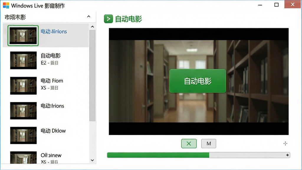 主体:Windows Live 影音制作的自动电影功能界面,布局:左侧素材列表,右侧自动生成的影片预览,排版:简洁明了,风格:白色背景搭配绿色按钮,细节:显示“自动电影”按钮和进度条,画质:高清,干净,无多余元素