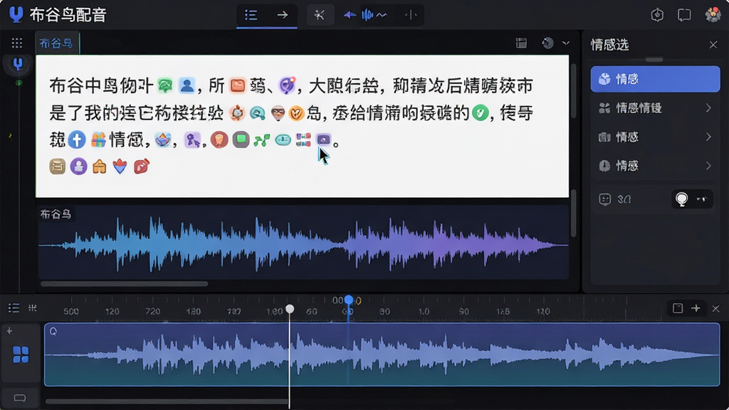 主体:布谷鸟配音软件的编辑界面,展示一段带有情感标记的文本,标记以彩色小图标呈现,下方为波形图与时间轴。布局:上下结构,文本编辑区在上,音频轨道在下,右侧有情感选择面板。排版:文本清晰,标记醒目,轨道层次分明。风格:专业音频工作站风格,深色主题,搭配蓝紫色高亮。细节:屏幕显示“布谷鸟配音”字样,光标闪烁,波形平滑。画质:超清,干净,无多余元素。