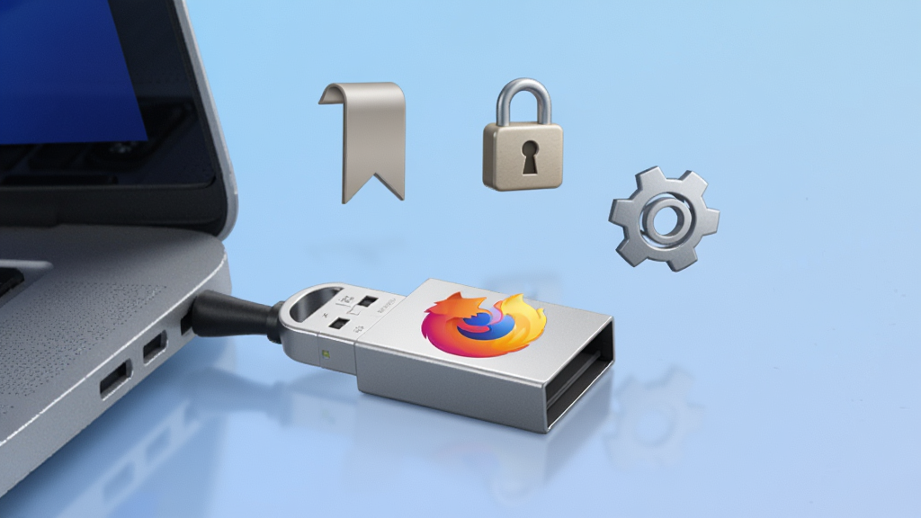 һ��չʾPortable Firefox��Я���ԵĴ���ͼƬ��������һ����ɫU��������һ̨�ʼǱ����ԣ�U����ӡ�л��������ĺ���ͼ�꣬�Ա���������ǩ�������������ó��ֵ�ͼ�꣬����Ϊ��ˬ����ɫ���䣬���־��У�����Լ����ϸ�ڷḻ�����ʸɾ�����