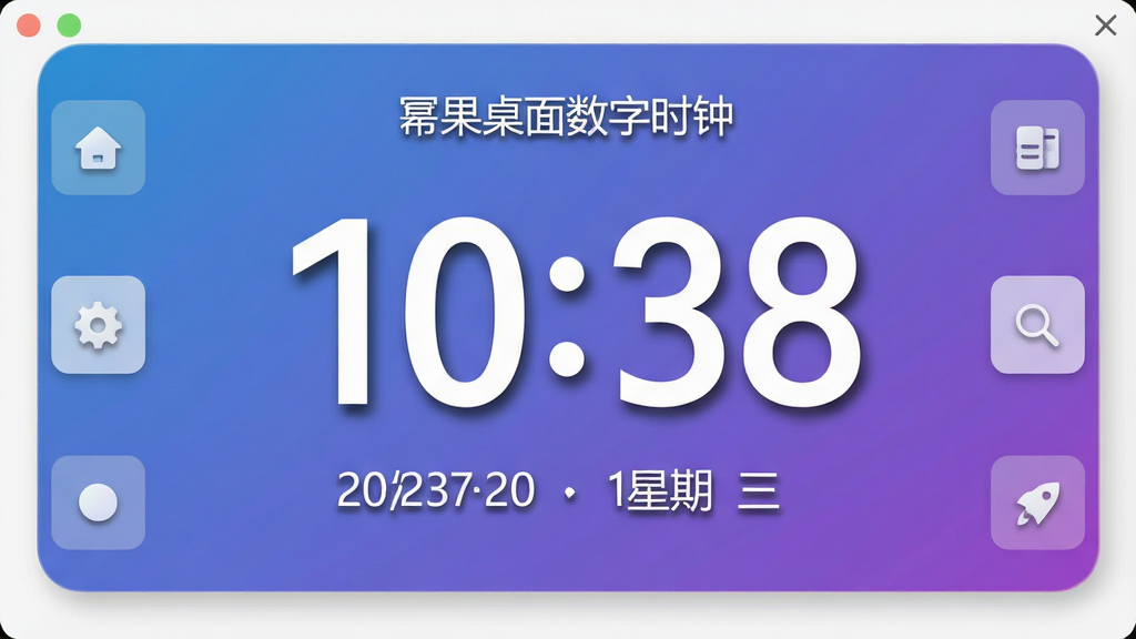 主体:一款精致的桌面数字时钟软件界面,显示“幂果桌面数字时钟”字样,布局:时钟居中,背景为渐变蓝紫色,周围有简洁的功能按钮,排版:时钟数字超大,下方有日期和星期,风格:扁平化现代风格,细节:数字带有微妙的阴影,画质:高清,干净,无多余元素