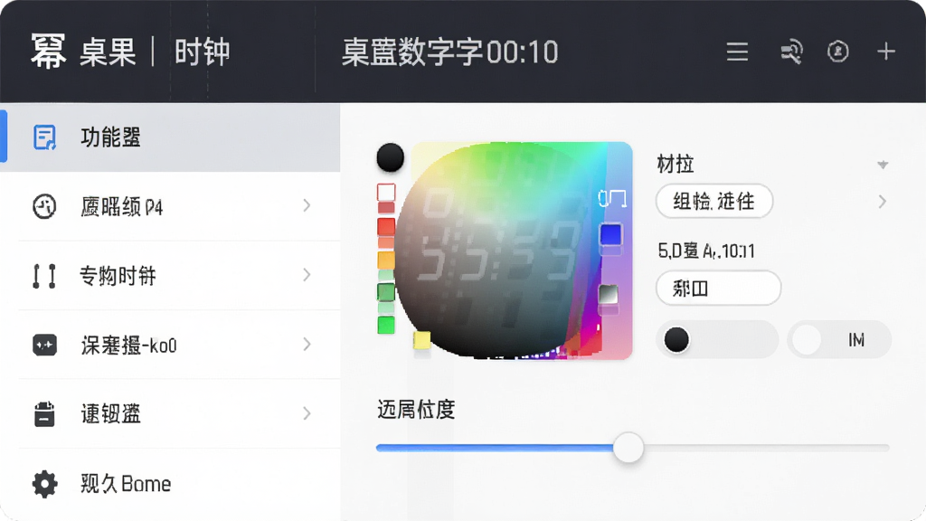 主体:幂果桌面数字时钟的设置界面,布局:左侧功能列表,右侧参数调节,排版:整齐的选项排列,风格:简洁商务,细节:有颜色选择器和透明度滑块,画质:高清,干净,无多余元素