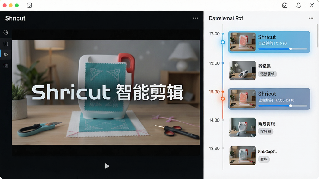 主体:Shricut软件智能剪辑功能演示。布局:界面分为左右两部分,左侧为视频预览,右侧为自动生成的剪辑建议列表。排版:列表以时间轴形式展示,每个片段附有缩略图和场景标签。风格:科技感与现代感结合,界面明亮。细节:剪切口有高亮标记,显示“自动剪辑”进度条。画质:高清流畅,色彩鲜明,无多余元素。图片中文字标注“Shricut智能剪辑”。