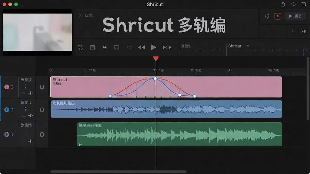 主体:Shricut软件的多轨时间线编辑界面。布局:显示多个视频轨、音频轨和文字轨,轨道颜色各异。排版:时间线采用横向布局,左上角为预览窗口。风格:简洁专业,轨道层次分明。细节:某个片段上显示关键帧动画曲线,音频轨道显示波形图。画质:细腻清晰,色彩柔和,干净无多余元素。图片中文字标注“Shricut多轨编辑”。