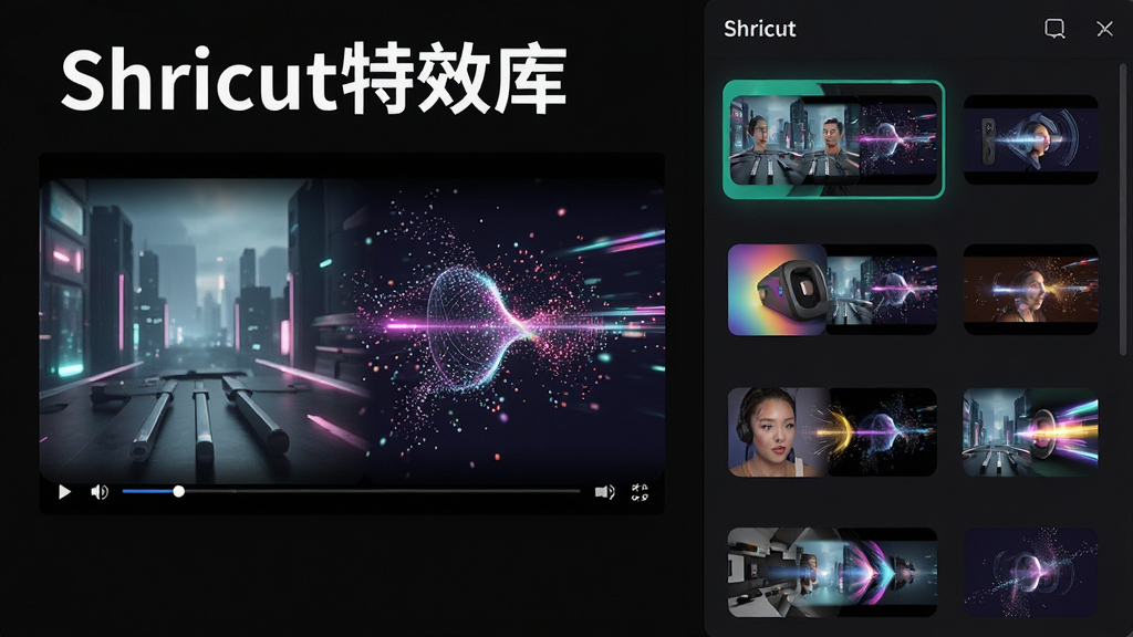 主体:Shricut软件特效库展示。布局:右侧为特效列表,左侧为应用特效后的视频预览。排版:特效以网格形式排列,每个图标有预览动图。风格:酷炫时尚,色彩丰富。细节:预览视频播放着带有转场特效的画面,有粒子光效。画质:高分辨率,动态清晰,无多余元素。图片中文字标注“Shricut特效库”。