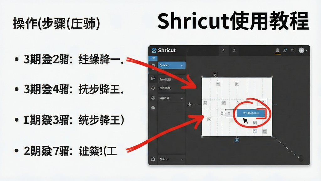 主体:Shricut软件操作教程示意图。布局:左侧为操作步骤文字,右侧为对应的界面截图。排版:步骤清晰,用箭头指向操作区域。风格:教学风格,简洁明了。细节:截图中有红色圆圈标注关键按钮。画质:高清,文字清晰,无多余元素。图片中文字标注“Shricut使用教程”。
