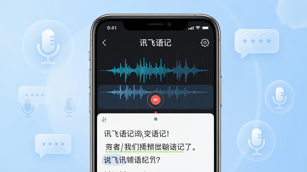 主体:一部智能手机屏幕特写,屏幕上显示讯飞语记应用界面,录音波形图与实时转写文字同步展现。布局:手机居中,背景为浅蓝色渐变,周围有半透明的麦克风图标和文字气泡点缀。排版:画面简洁,手机屏幕内文字清晰可见“讯飞语记”四个字,下方是几行转写出的文字。风格:科技感、现代感,明亮通透。细节:手机边缘有金属光泽,界面图标精致,波形图动态感强。画质:8K超高清,细腻真实,干净无多余元素。
