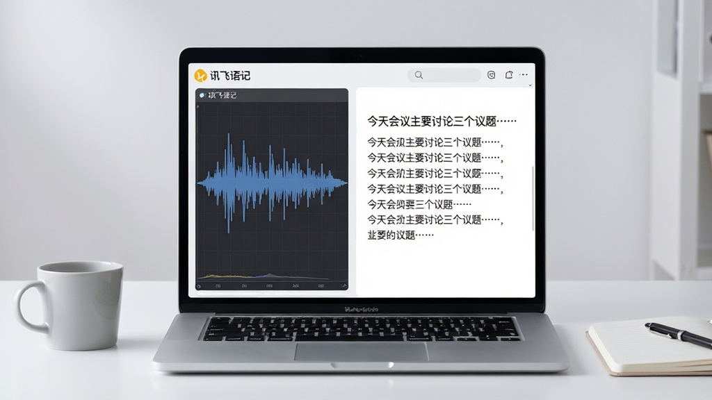 主体:一个整洁的办公桌面,笔记本电脑上运行着讯飞语记软件,屏幕上显示实时转写的文字流,旁边放着一杯咖啡和一本笔记本。布局:电脑屏幕作为背景主体,屏幕内容占据画面中央,桌面元素围绕屏幕分布。排版:屏幕内左侧是波形图,右侧是转写文字,文字行清晰排列。风格:商务简约风,色调以浅灰和白色为主。细节:屏幕左上角有“讯飞语记”的Logo,文字内容为“今天会议主要讨论三个议题……”。画质:高清,光线柔和,干净无杂物。