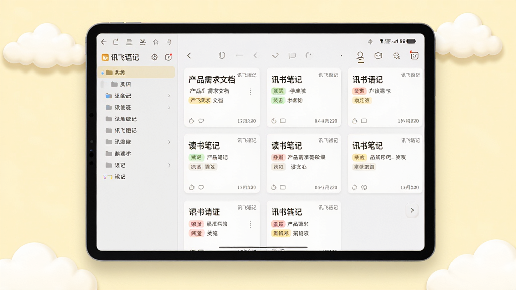 主体:平板电脑横屏展示讯飞语记的笔记列表界面,左侧是分类文件夹,右侧是笔记卡片预览,卡片上有标题、标签和日期。布局:平板居中,背景为淡黄色,有柔和的阴影效果,四角有轻盈的云朵图案。排版:界面采用左右分栏设计,左侧细长,右侧宽大,笔记卡片呈网格状排列。风格:清新自然风,色调温暖。细节:每张卡片上都有“讯飞语记”的小水印,笔记标题如“产品需求文档”、“读书笔记”等。画质:清晰,色彩柔和,无多余元素。