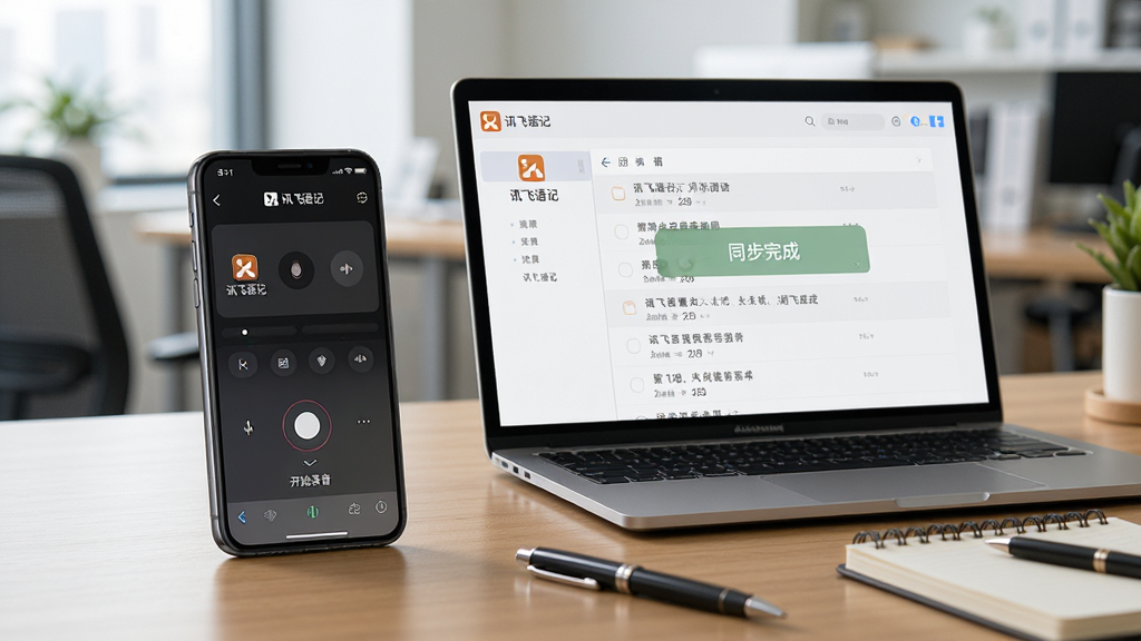 主体:一部手机和一台笔记本电脑并排放在木质桌面上,手机屏幕显示讯飞语记的录音界面,电脑屏幕显示同步后的笔记列表。布局:两个设备斜向排列,背景为虚化的办公室环境。排版:手机屏幕内有“开始录音”按钮,电脑屏幕显示“同步完成”的提示。风格:真实生活场景,光线自然。细节:手机和电脑上都显示“讯飞语记”的Logo,桌面有一支笔和记事本。画质:高清,构图平衡,干净无多余元素。
