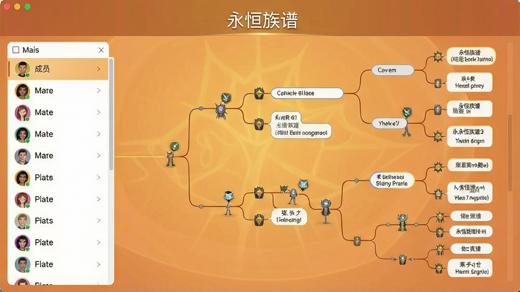 永恒族谱软件主界面预览图,展示家族树状图谱布局,左侧为成员列表,右侧为世系关系图,整体界面简洁清晰,采用暖色调背景,配以“永恒族谱”字样,画质干净无多余元素