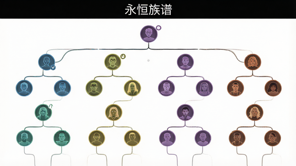 永恒族谱智能世系图展示,树状结构清晰展示多代家族成员,节点用不同颜色区分性别,线条连接关系,界面干净整洁,配以“永恒族谱”标题,画质清晰