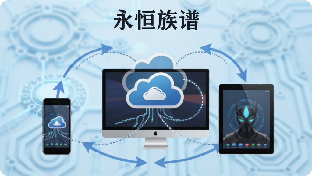 永恒族谱多端同步示意图,展示手机、电脑、平板三个设备围绕一个云图标,数据同步箭头环绕,背景为浅蓝色科技感风格,配以“永恒族谱”字样,画质清晰