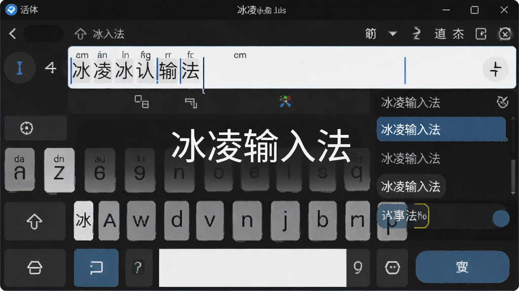 主体为冰凌输入法软件界面展示,布局为居中展示主输入窗口与候选词列表,排版清晰有序,风格为现代扁平化设计,细节包含拼音输入状态、候选词高亮、深色主题,画质高清干净,无多余元素,屏幕中心显示“冰凌输入法”字样