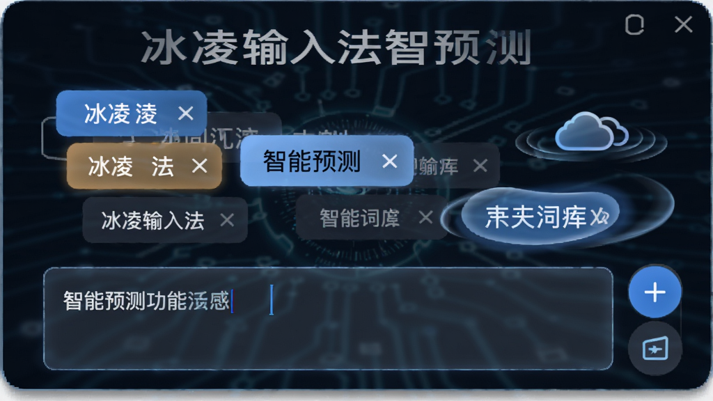 主体为冰凌输入法智能预测功能演示,布局为输入框上方展示预测候选词条,排版错落有致,风格为科技感UI界面,细节包含预测词高亮、云词库标记、流畅动效,画质清晰干净,无多余元素,图片中文字标注“冰凌输入法智能预测”