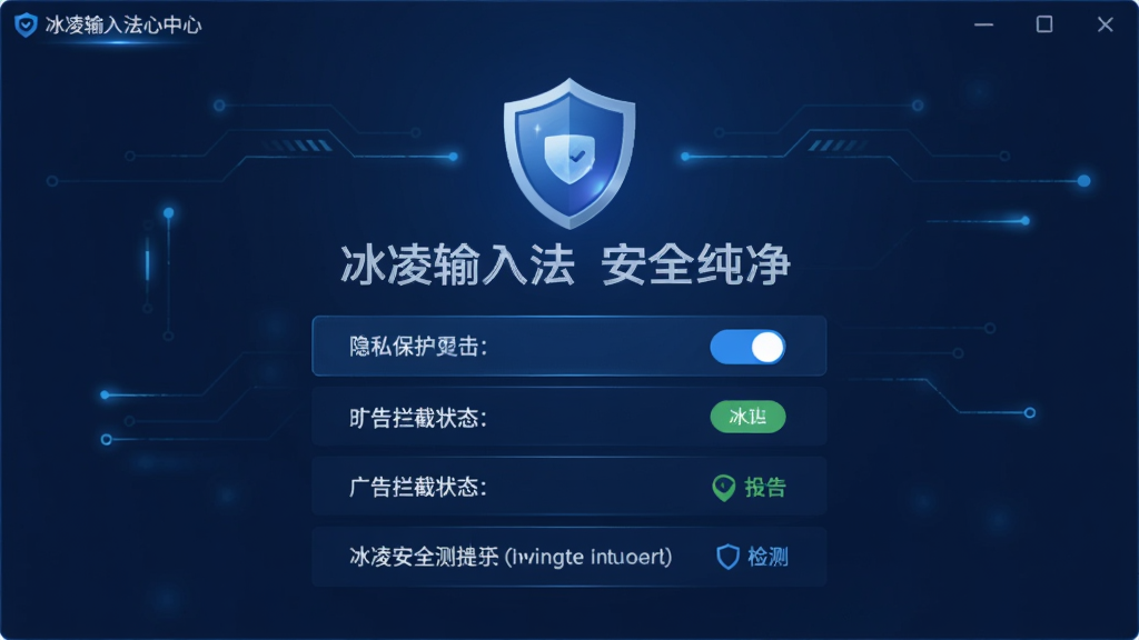 主体为冰凌输入法安全中心界面,布局为盾牌图标与功能列表居中,排版稳重,风格为深蓝色科技风,细节包含隐私保护开关、广告拦截状态、安全检测提示,画质干净清晰,无多余元素,图片中文字“冰凌输入法 安全纯净”