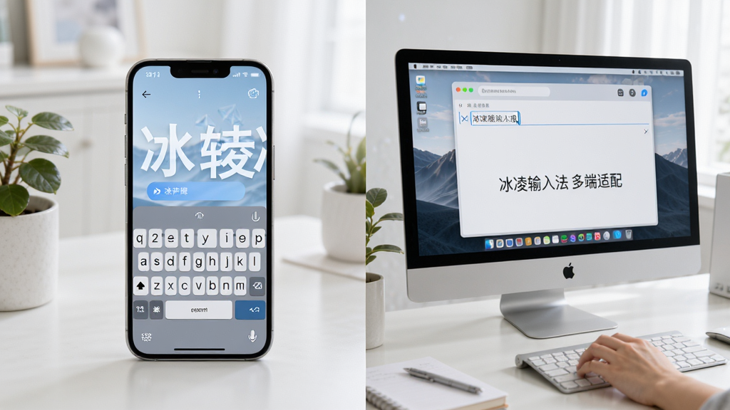 主体为冰凌输入法在手机与电脑上的使用场景,布局为左右分屏,左边手机左边电脑,排版均衡,风格为写实摄影风格,细节包含手机悬浮键盘、电脑屏幕输入框、周围环境整洁,画质高清干净,无多余元素,图片中文字“冰凌输入法 多端适配”