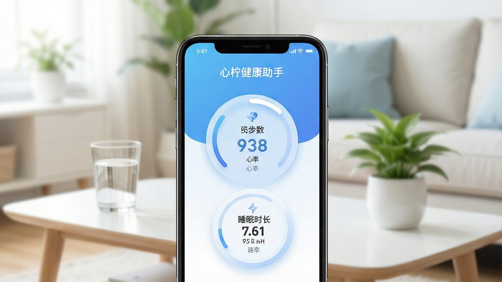 一张展现现代科技感与健康生活融合的场景,主体为智能手机屏幕上的“心柠健康助手”主界面,屏幕上清晰显示步数、心率和睡眠时长的圆形数据仪表盘,背景是模糊处理的明亮客厅,茶几上摆放着一杯温水与绿植,整体布局中心突出,界面UI设计简洁清爽,采用蓝白渐变主色调,扁平化风格,细节包括圆润图标与柔和阴影,画质高清干净,无多余元素