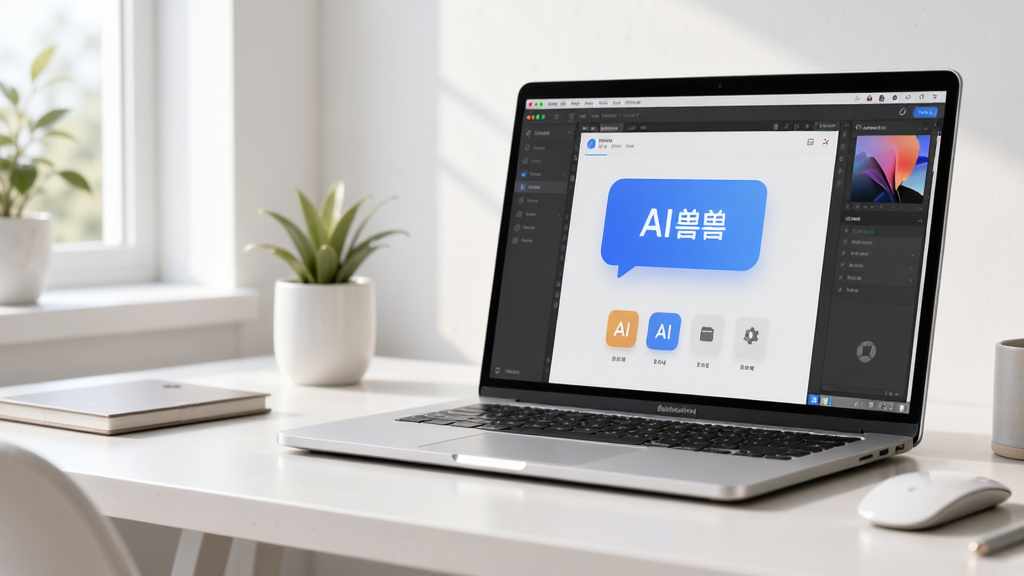 图叫兽软件主界面预览图,展示其简洁的布局和醒目的AI功能按钮,背景为现代简约风格的工作台,一台笔记本电脑屏幕显示软件操作界面,周围有柔和的自然光,画面干净通透,充满科技感和创作氛围,整体风格明亮清晰,细节丰富,画质高清干净无多余元素。