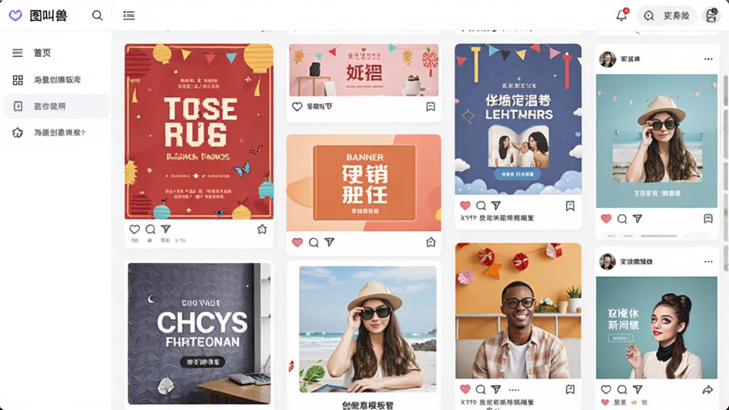 展示“图叫兽”软件内海量创意模板库的截图画面,屏幕上以瀑布流形式展示各种风格的精美模板,包括节日海报、促销 banner 和社交媒体图文,背景为浅色系界面,布局整齐,色彩丰富,风格扁平化设计,画面清晰明亮,画质高清干净无多余元素。