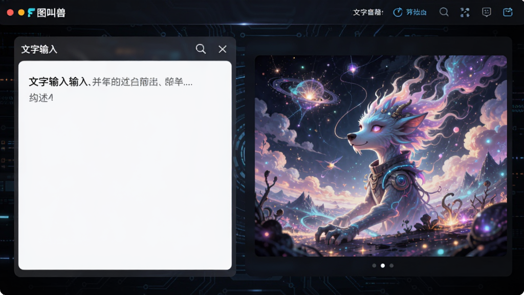 在“图叫兽”软件中,用户输入文字描述后生成一幅绚丽数字艺术画的界面展示,左侧是文字输入框,右侧是生成的画作,画面色彩梦幻,充满想象力,背景为深色科技感界面,布局合理,风格前卫,细节丰富,画质高清干净无多余元素。