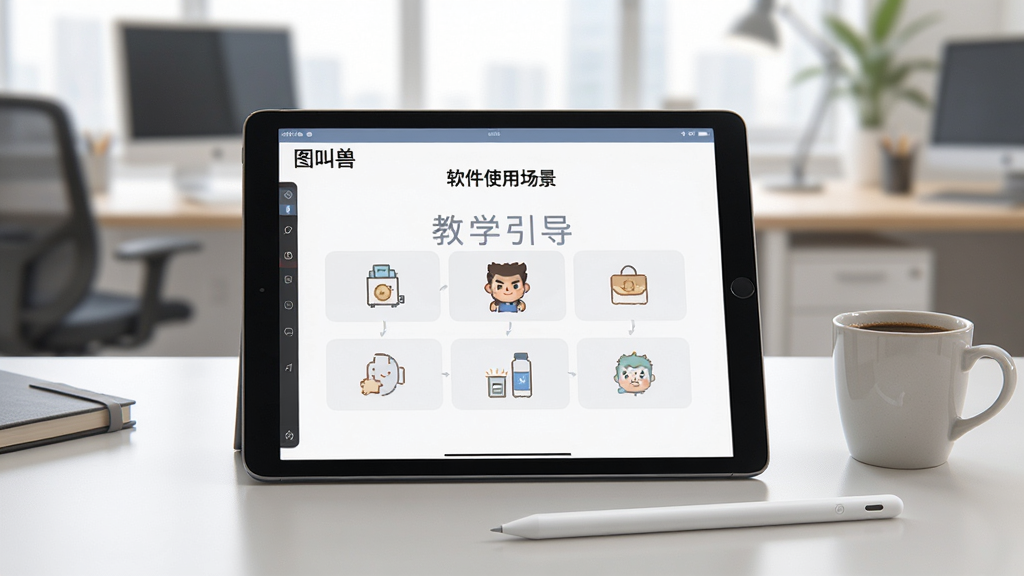 一张关于“图叫兽”软件使用场景的插图,画面中央是一台平板电脑,屏幕显示软件的教学引导页面,旁边摆放着触控笔和咖啡杯,桌面整洁,背景为模糊的办公室环境,光线明亮,构图舒适,风格写实,画质清晰干净无多余元素。