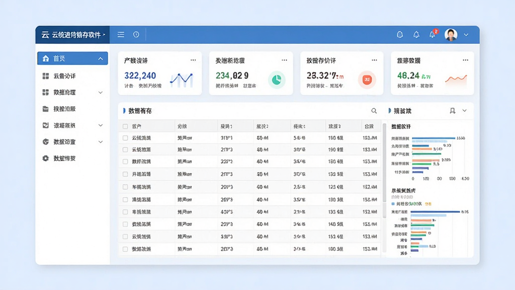 云统进销存软件主界面预览图,展示清晰的功能模块布局与数据看板,整体风格简洁商务,背景淡蓝,界面包含左侧导航栏、中央数据表格与顶部统计卡片,排版规整,细节丰富,画质高清,干净无多余元素