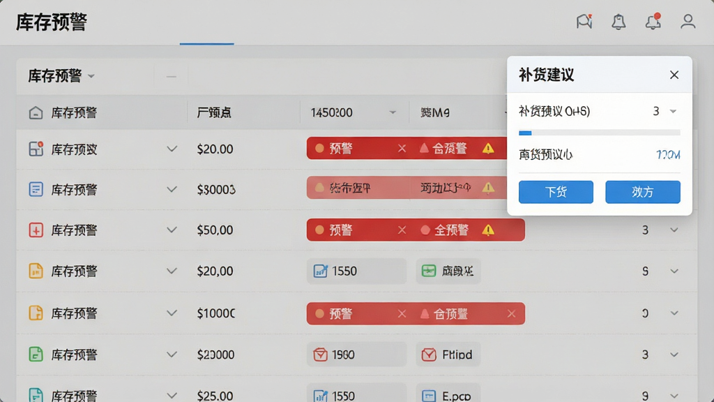 云统进销存智能库存预警界面截图,界面显示库存列表与红色预警标识,背景为浅灰色,顶部有“库存预警”标题,右侧为补货建议弹窗,布局清晰,风格简约商务,细节丰富,画质高清,干净无多余元素