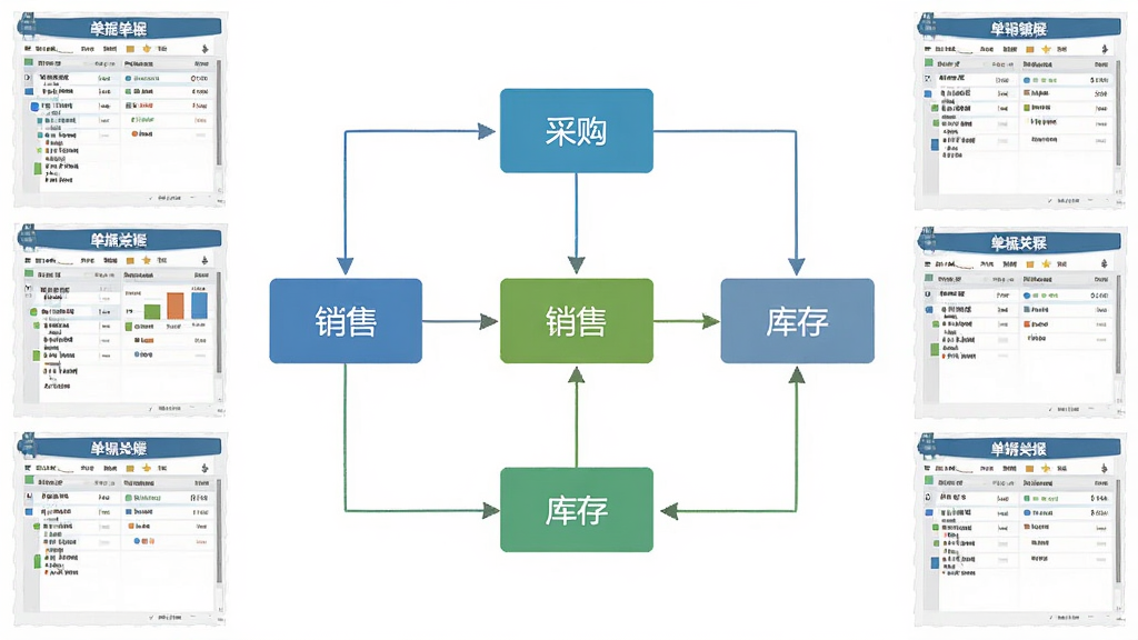 云统进销存进销管理流程图,展示采购、销售、库存三者关联,背景为白色,中央为业务流程示意图,左右两侧为单据列表缩略图,布局清晰,风格扁平化,细节丰富,画质高清,干净无多余元素