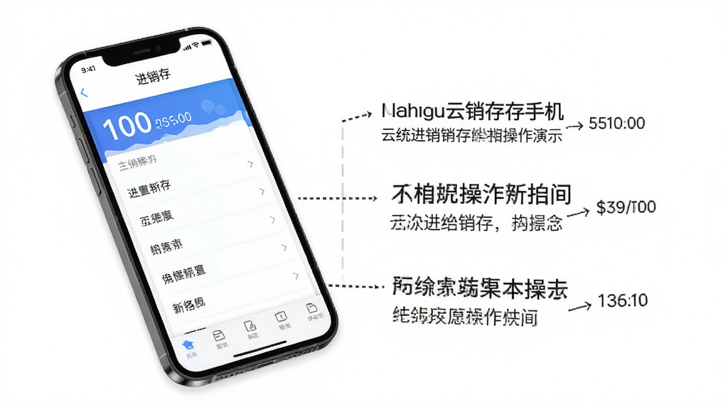 云统进销存手机端操作演示图,手机屏幕显示进销存主菜单,背景为白色,手机倾斜展示,旁边有操作说明文字,布局简洁,风格清爽,细节丰富,画质高清,干净无多余元素