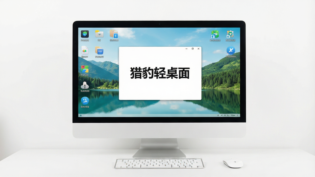 一张现代简约风格的电脑桌面场景,屏幕中显示“猎豹轻桌面”的界面,桌面图标排列整齐,壁纸为清新的自然风景,整体色调明亮干净,布局清晰,画质高清,无多余元素。