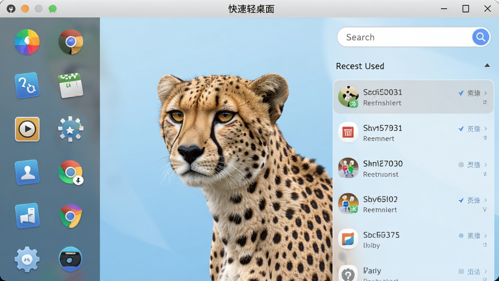 猎豹轻桌面软件界面截图,展示其快速启动栏功能,左侧为软件图标列表,右侧为搜索框和最近使用记录,背景为淡蓝色渐变,界面简洁现代,文字清晰,画质干净,无多余元素。