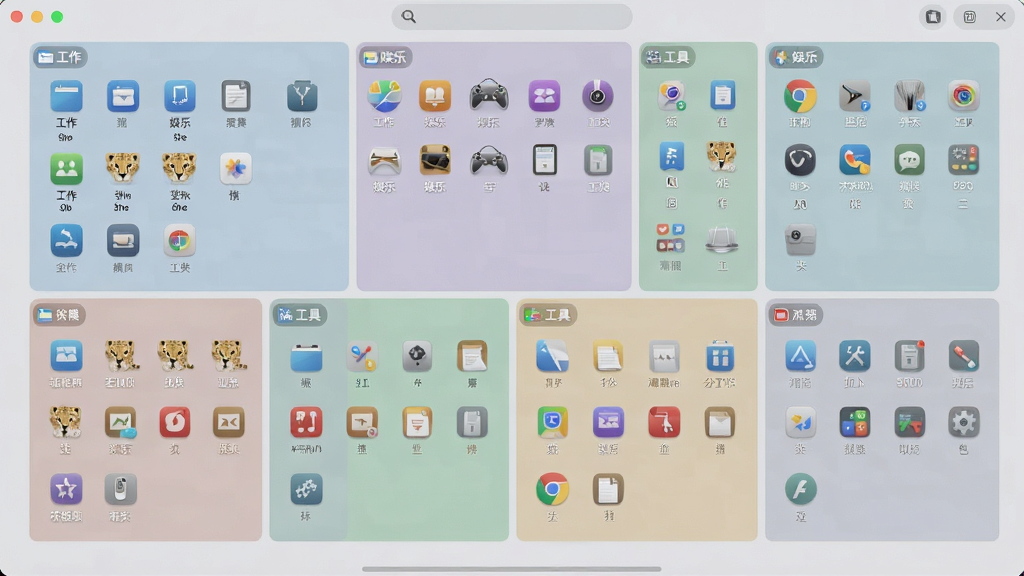 猎豹轻桌面桌面整理效果图,桌面被分为多个半透明格子,分别标注“工作”、“娱乐”、“工具”等,图标整齐排列,背景为浅灰色,界面清爽,画质干净,无多余元素。