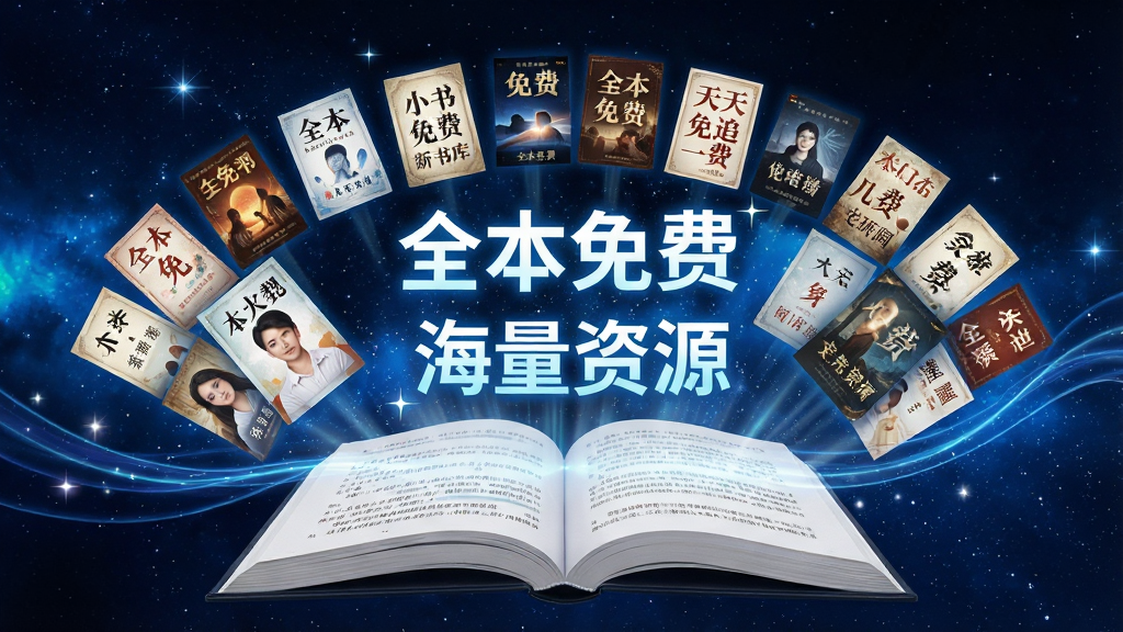 一张展现天天追书免费小说海量书库的创意图片,主体为打开的电子书上方悬浮着各种类型的小说封面缩略图,布局呈扇形环绕,背景为深蓝色星空风格,带有“全本免费”、“海量资源”发光文字,风格科技感,细节包括星光和流动的光带,画质高清,干净无多余元素