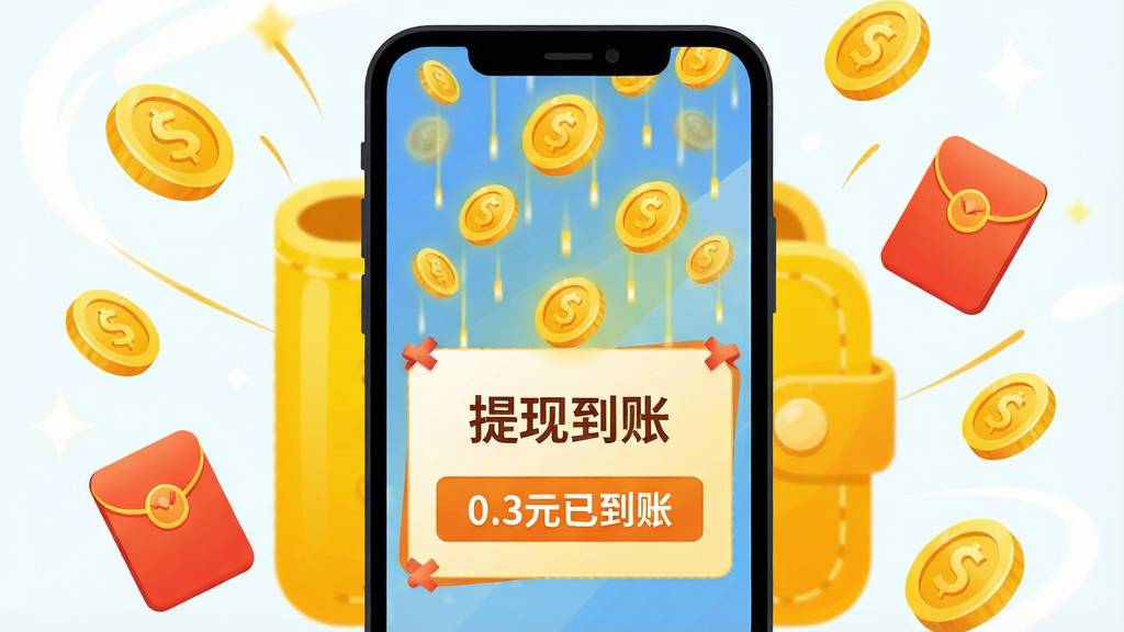 一幅体现天天追书免费小说赚钱功能的插画,主体为一部手机屏幕显示金币雨和“提现到账”通知,背景为明亮的黄色钱包元素,布局为手机居中,周围环绕金币和红包图标,风格卡通喜庆,细节包括“0.3元已到账”文字,画质干净,无多余元素
