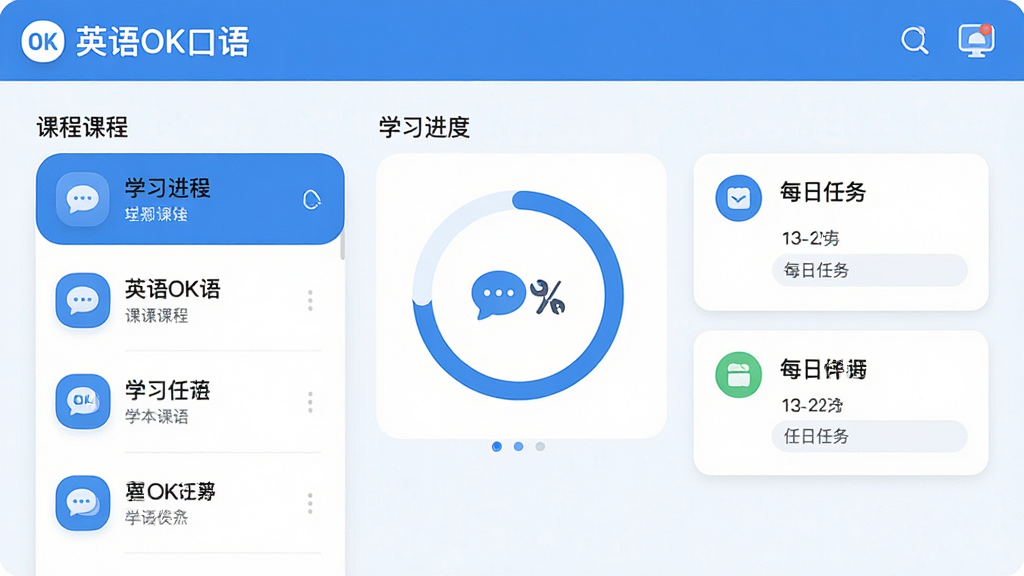 一张展示英语OK口语应用主界面的高清截图,界面包含课程列表、学习进度环、每日任务卡片,整体风格清新简洁,主色调为蓝色和白色,图标圆润,背景干净无杂物,文字清晰,画质细腻,突出“英语OK口语”品牌名称,现代扁平化设计风格