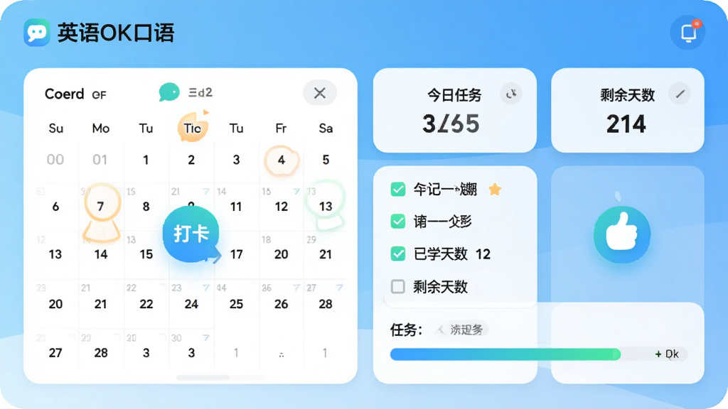 英语OK口语智能学习计划界面,展示日历视图、任务清单和进度条,有打卡动画效果,界面采用卡片式布局,色彩明快,突出“今日任务”“已学天数”“剩余天数”等字样,整体风格现代简约,画质清晰,包含“英语OK口语”logo