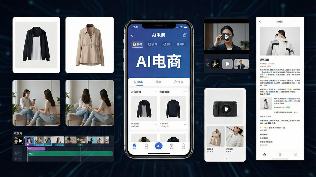 一幅展示AI电商软件核心功能的宽幅宣传图,画面中央是一部智能手机,屏幕中显示AI电商的界面,周围环绕着商品主图、去背景图、场景图、视频剪辑时间线、详情页长图等元素,布局清晰,排版现代,风格科技感与商务感结合,细节丰富,画质高清干净,无多余元素,屏幕中显示“AI电商”字样