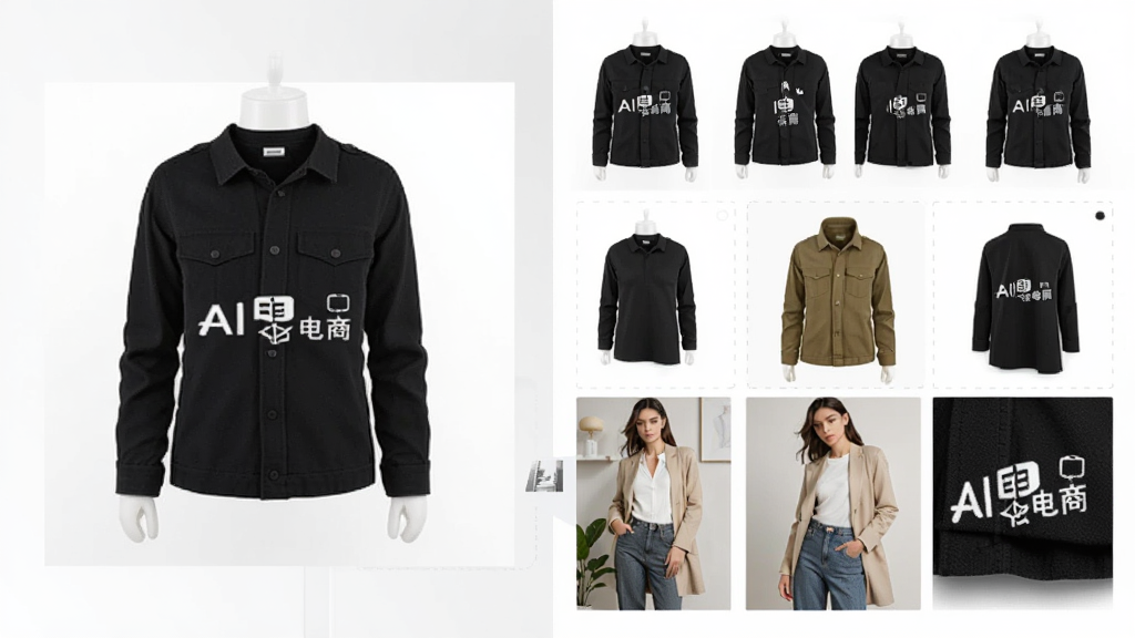 展示AI电商软件的商品套图生成功能,画面左侧为一张普通的商品照片,右侧为生成后的多张商品主图、去背景图、场景图、细节图,布局对比鲜明,排版整洁,风格简洁现代,细节丰富,画质清晰干净,无多余元素,图片中带有“AI电商”软件名称字样