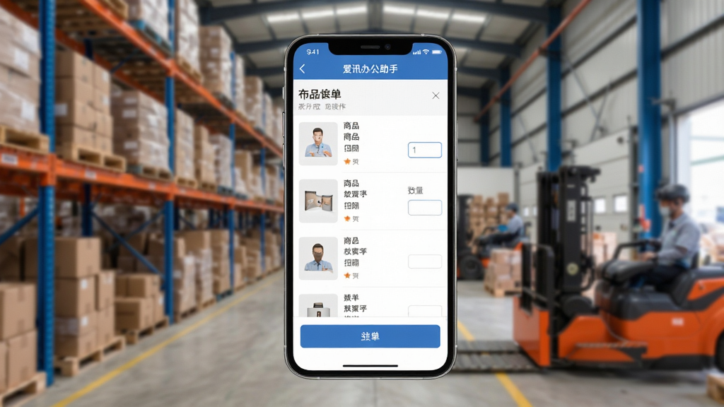 爱迅办公助手功能界面图,手机显示开单操作页面,包含商品列表、数量输入等控件,界面清晰,背景为布行仓库实景,画质高清,干净无多余元素