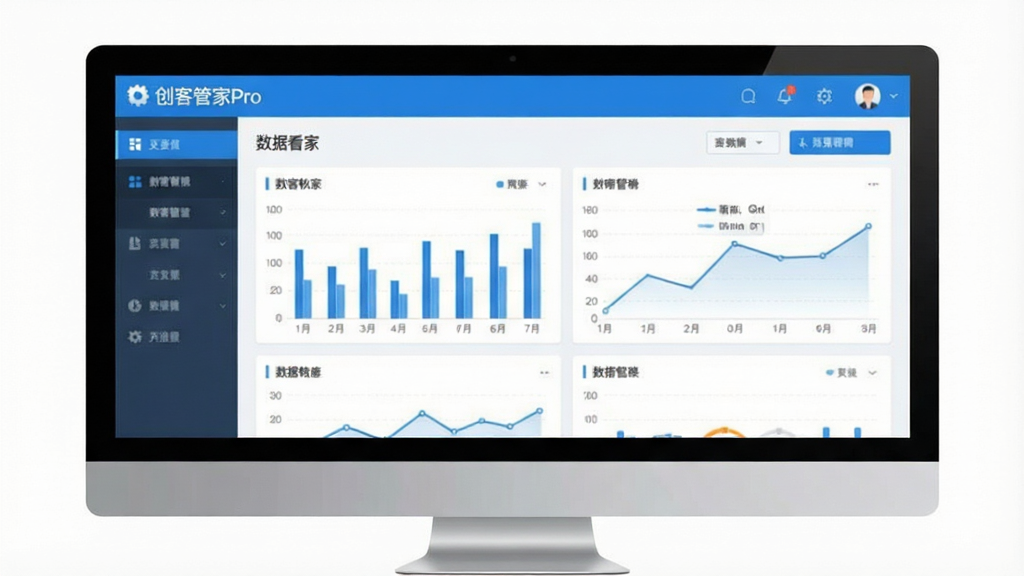 创客管家Pro软件主界面展示,扁平化设计风格,主色调为蓝色与白色,界面中央显示数据看板,包含柱状图与折线图,左上角为软件名称“创客管家Pro”字样,整体布局简洁清晰,画质高清,干净无多余元素